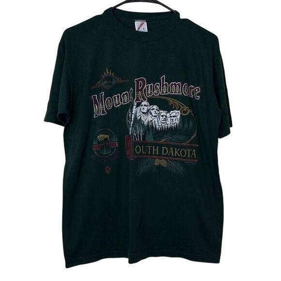 Vintage Jerzees 90s Mount Rushmore Single Stitch T-Shirt Size L Green USA Made - Picture 1 of 8